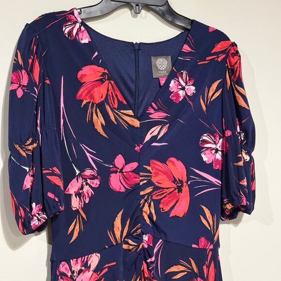 Vince Camuto Floral V-Neck‎ Midi Dress Size 4 Navy Pink Ruched Feminine Romantic - Picture 10 of 15